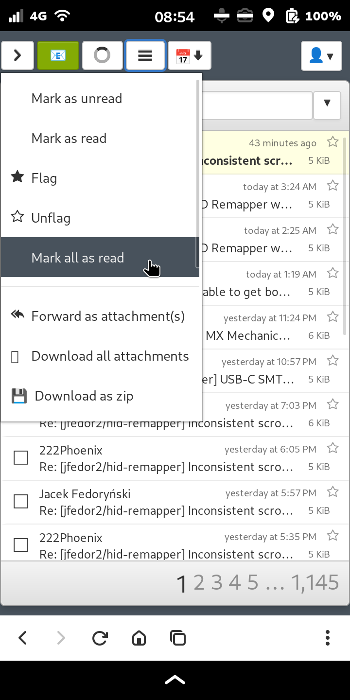 screenshot taken on Librem5 running tangram:snappymail showing the menu for a message list
